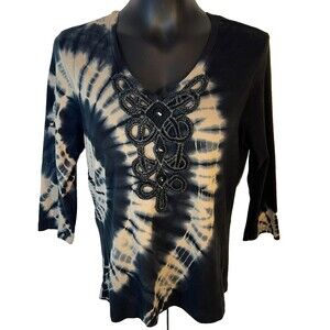 Nature Art  Knit Top Blouse Womens L Black Tan Tie Dye Crochet Button 3/4 Sleeve